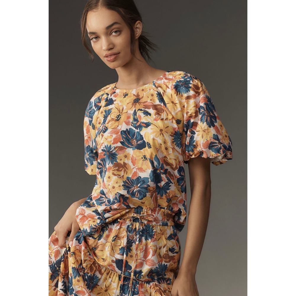 Banjanan Anthropologie Santos Blouse Large Floral Puff Sleeve Cotton Cottagecore